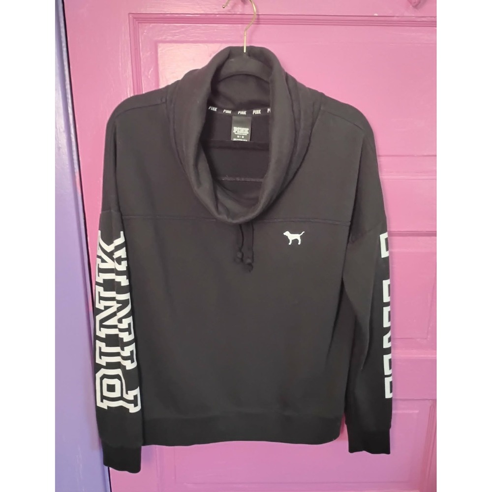 Medium Y2K PINK Victoria's Secret Black Sweatshirt Dog Logo Sleeves Fall M